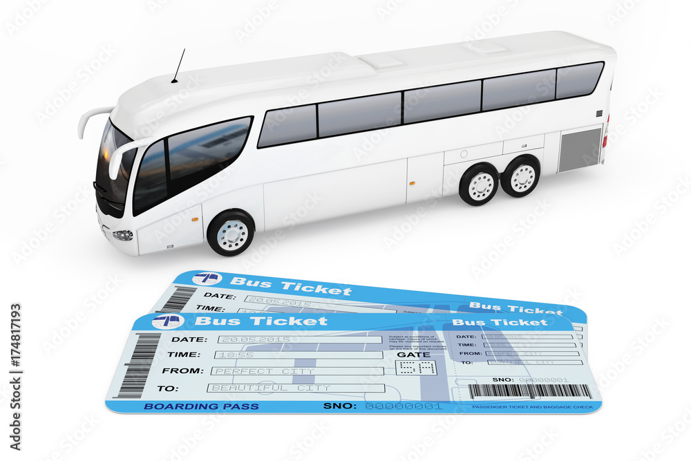 Poster big white coach tour bus with bus tickets. 3d rendering