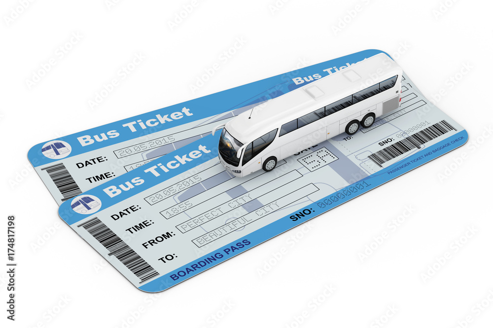 Poster big white coach tour bus over bus tickets. 3d rendering