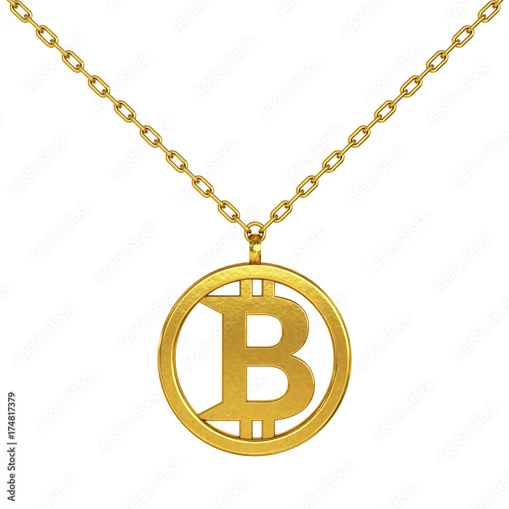 Poster Bitcoin Symbol as Golden Coulomb with Chain. 3d Rendering