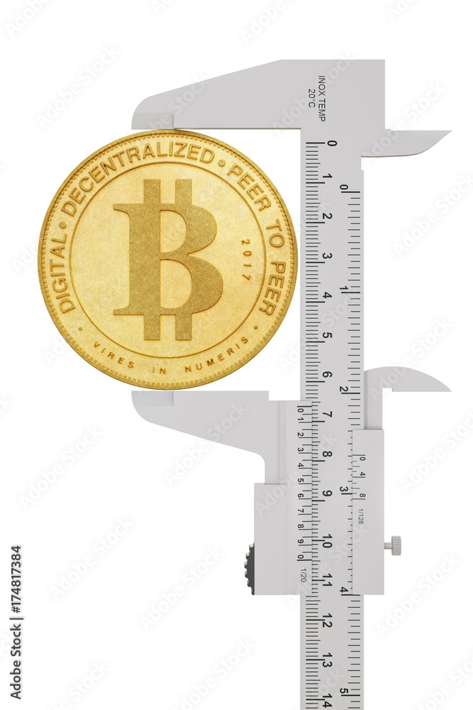 Poster digital and cryptocurrency concept. vernier calliper with golden bitcoin. 3d rendering