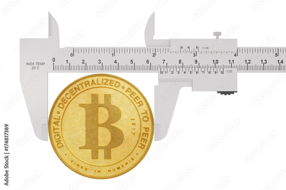 Poster Digital and Cryptocurrency Concept. Vernier Calliper with Golden Bitcoin. 3d Rendering