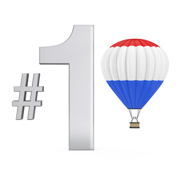 Hot Air Balloon near Chrome Number One Sign. 3d Rendering