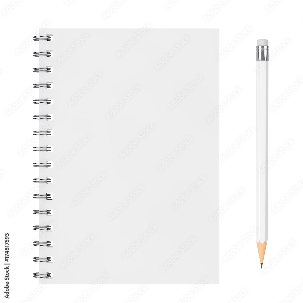 Leinwandbilder top view of white closed spiral paper cover notebook with white pencil with blank space for yours de