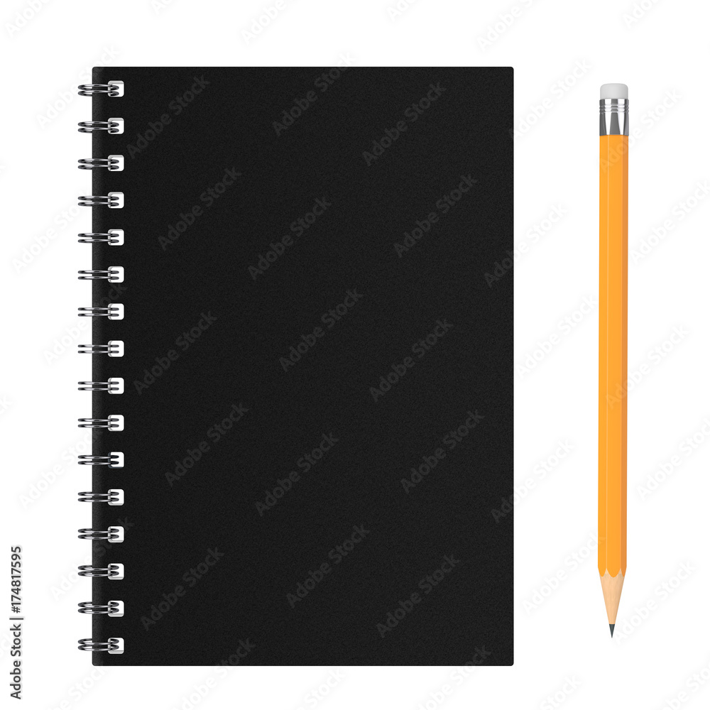 Aufkleber Top View of Black Closed Spiral Paper Cover Notebook with Yellow Pencil with Blank Space for Yours Design. 3d Rendering