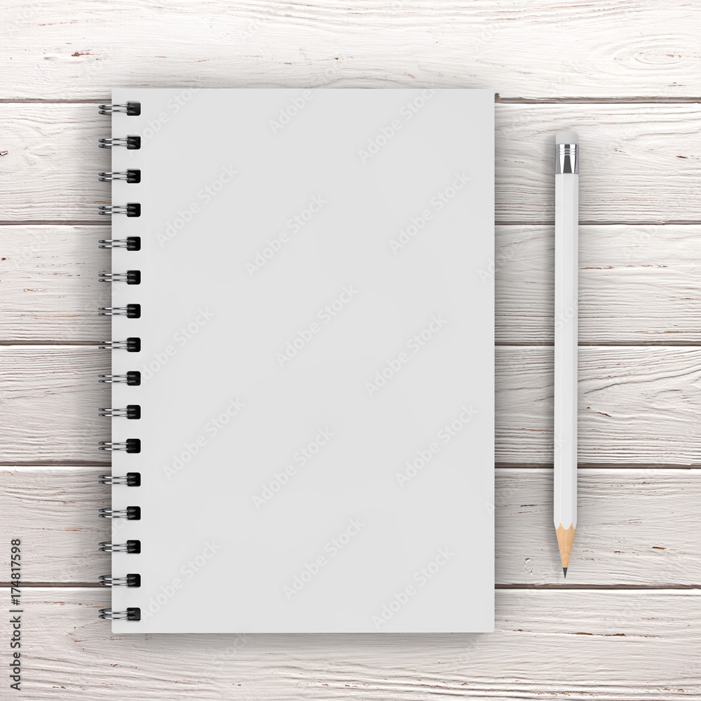 Aufkleber Top View of White Closed Spiral Paper Cover Notebook with White Pencil with Blank Space for Yours Design. 3d Rendering