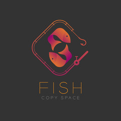 Two Fish or Pisces symbol icon and fishing rod set orange violet gradient color design illustration isolated on dark background with Fish text and copy space, vector eps10