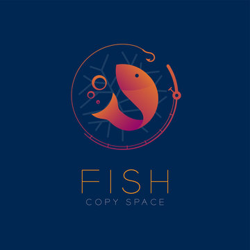 Fish symbol icon and fishing rod, air bubble set orange violet gradient color design illustration isolated on dark blue background with Fish text and copy space, vector eps10