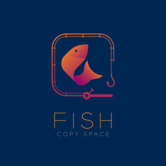Fish symbol icon and fishing rod set orange violet gradient color design illustration isolated on dark blue background with Fish text and copy space, vector eps10