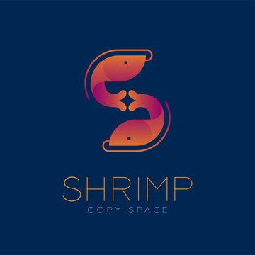 The letter alphabet "S" made from Two Shrimp symbol icon set orange violet gradient color design illustration isolated on white background with Shrimp text and copy space, vector eps10
