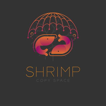 Shrimp symbol icon and fishing net, air bubble set orange violet gradient color design illustration isolated on dark background with Shrimp text and copy space, vector eps10