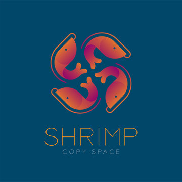 Four Shrimp symbol icon set orange violet gradient color design illustration isolated on blue color background with Shrimp text and copy space, vector eps10