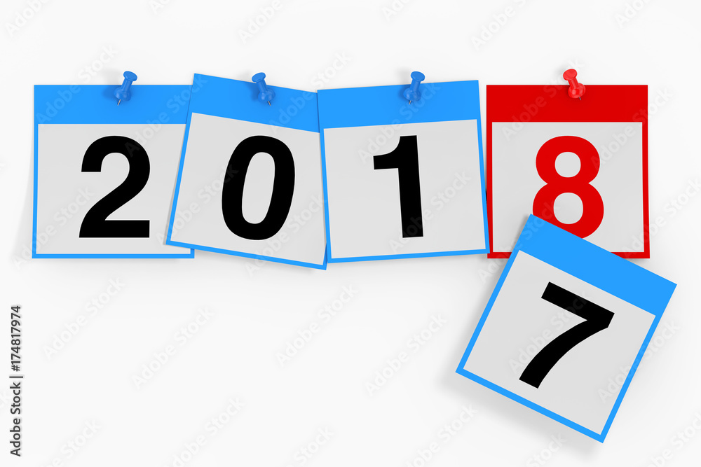 Poster new 2018 year start concept. calendar sheets with 2018 new year sign. 3d rendering