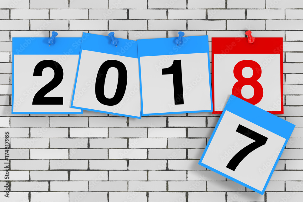 Poster new 2018 year start concept. calendar sheets with 2018 new year sign. 3d rendering