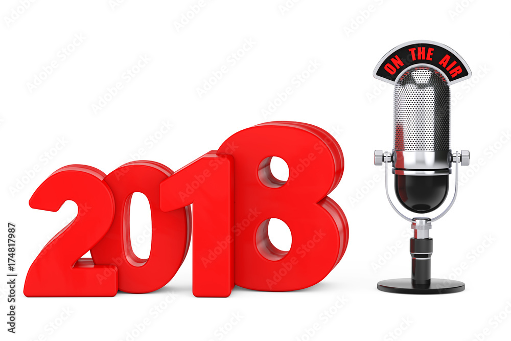 Poster 2018 new year concept. red 2018 new year sign with microphone and on the air sign. 3d rendering