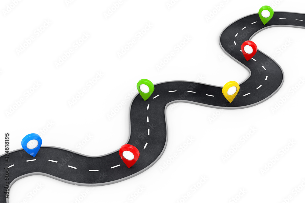 Poster Winding Road with Colorful Pin Pointer. 3d Rendering