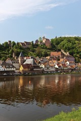 Fototapeta na wymiar View of the town with Hirschhorn Castle, Marktkirche Church, the Carmelite Monastery and the Neckar River, Hirschhorn, Neckartal-Odenwald Nature Reserve, Hesse, Germany, Europe, PublicGround, Europe
