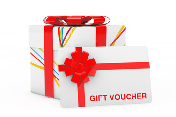 Gift Voucher Card with Stripped White Gift Box with Red Bow. 3d Rendering