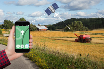 Control of the combine harvester by satellite communication. Smart farming concept