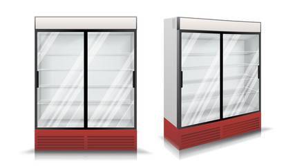 Refrigerator Vector. Fridge With Two Glass Sliding Doors. Isolated Illustration