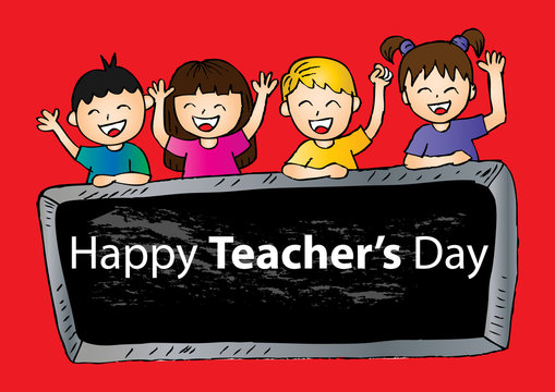 Cute kids holding a chalkboard   with happy teacher's day writing.