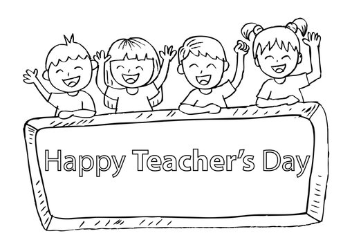 Cute kids holding a chalkboard   with happy teacher's day writing.