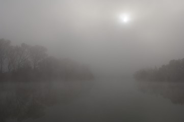 Fog covered lake near Wernau, Baden-Wuerttemberg, Germany, Europe