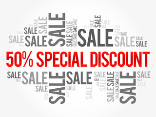 50% Special Discount sale words cloud, business concept background