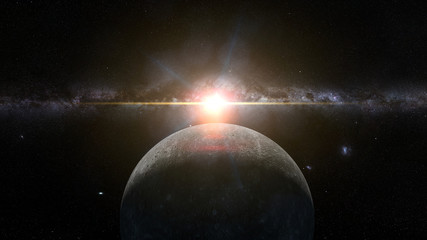 Obraz na płótnie Canvas sunrise over planet Mercury lit by the Sun and the Milky Way galaxy