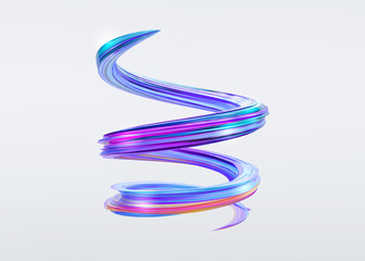 3D Abstract Brush Stroke. Trendy Colorful Paint Splash. Glossy Candy Colors. Liquid Spiral Ribbon. Wave in Motion on Isolated Background. Pink, Blue, Purple Ink. Design for Wallpaper, Advertising.
