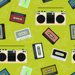 Seamless pattern with cassettes and tape recorders