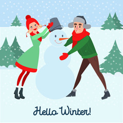 Happy Couple Making Snowman. Hello Winter. Christmas Time. Vector illustration