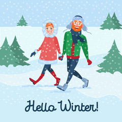 Happy Couple on Winter Holidays. Man and Woman Holding Hands and Enjoying Snowfall. Christmas Time. Vector illustration