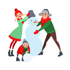 Happy Family Making Snowman. Hello Winter. Christmas Time. Vector illustration