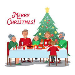 Family Christmas Dinner with Grandparents. Happy Family Celebrating New Year. Winter Holidays. Vector illustration