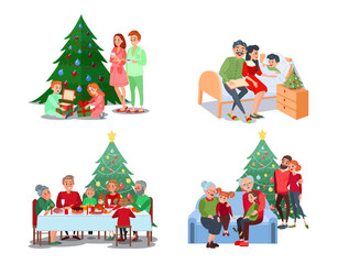 Christmas Family Scenes. Children Open Presents. Family Christmas Dinner. Grandparents with Grandchildren. Vector illustration