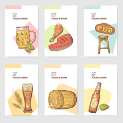 Beer Pub Brochure Template. Hand Drawn Restaurant Menu with Food and Drink. Sketch Beer Poster, Banner, Voucher. Vector illustration