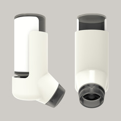 White asthma inhaler isolated on a grey background. 3D render - obrazy, fototapety, plakaty