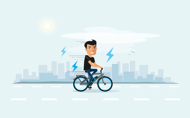 Fototapeta premium Smiling Man on Electric Bicycle with City Skyline Background