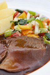 Roast beef with mixed vegetables and boiled potatoes