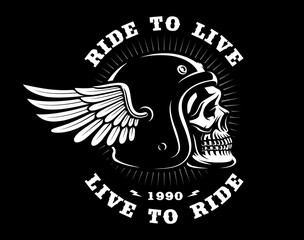 Biker skull in helmet with wing on dark background