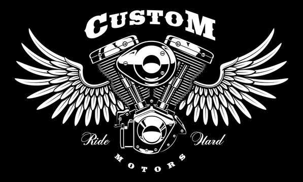Vintage engine of motorcycle with wings on dark background