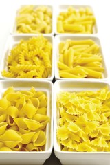 Pasta, uncooked, conchiglie, farfalle, fusilli, penne