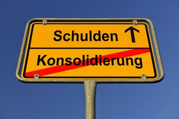 Obraz premium City limit sign, symbolic image for the way from a Konsolidierung to Schulden, German for going from a consolidation to having debts