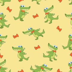Green crocodile with a bow tie. Seamless pattern. Design of gift packaging, textiles, ceramics for children.