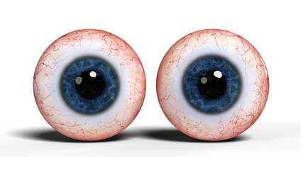 two realistic human eyes with blue iris, isolated on white background