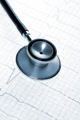 Close up view of stethoscope on electrocardiogram background.