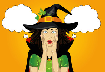 Halloween. Beautiful woman in hat and witch costume is surprised