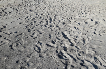 Many footsteps on a sandy beach