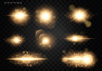 Obraz na płótnie Canvas Set. Shining star, the sun particles and sparks with a highlight effect, golden bokeh lights glitter and sequins. On a dark background transparent. Vector, EPS10