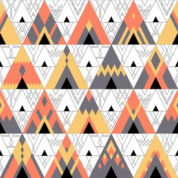 Vector seamless multicolored geometric pattern of red, yellow and gray triangles and thin line decor on background. The image of gypsy and touristic tent, bonfire, hipster motives, boho ornament.